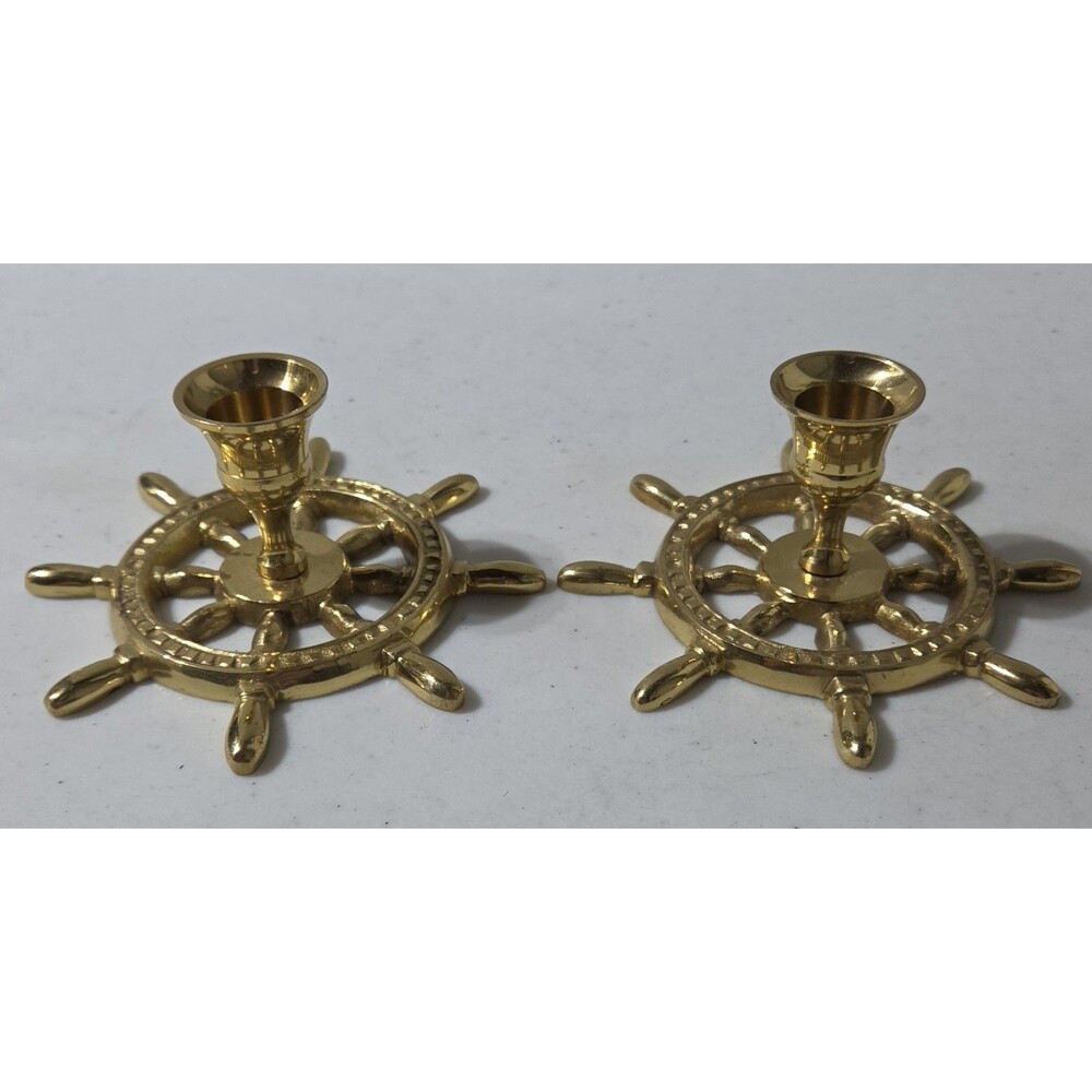 Vintage Brass Nautical Ships Wheel Candlestick Holders Set Of 2